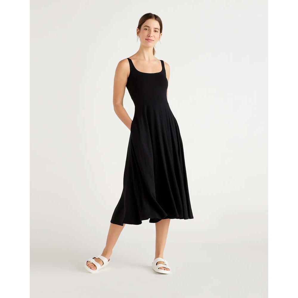 Quince Tencel Jersey Fit and Flare Dress Black Sleeveless Scoop Neck Small NWT